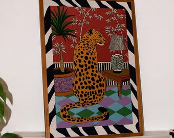 Leopard Wall Art, Colorful Maximalist Animal Print, Red Interior Poster, Eclectic Living Room Decor