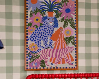 Colorful Tiger Wall Art, Leopard Woman Poster, Floral Folk Print, Maximalist Animal Decor