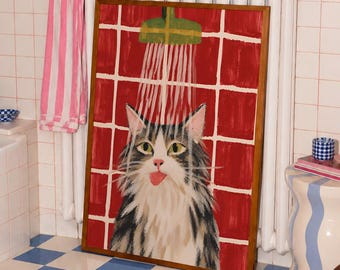 Tabby Cat Shower Poster, Red Tile Bathroom Art, Funny Feline Print, Quirky Pet Decor