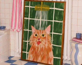 Funny Orange Cat Shower Poster, Green Tile Bathroom Art, Ginger Kitty Print, Quirky Pet Decor