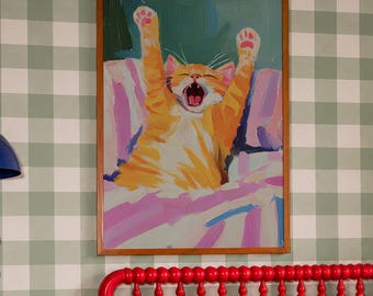 Yawning Orange Cat Art, Funny Tabby Poster, Colorful Impasto Print, Maximalist Cat Decor