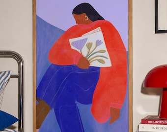Affiche Femme lisant, Art abstrait féminin, Cadeau pour amoureux des livres, Affiche murale figurative rétro colorée