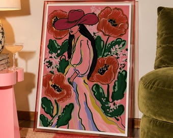 Floral Cowgirl Poster, Red Poppy Wall Art, Western Woman Portrait, Pink Botanical Print