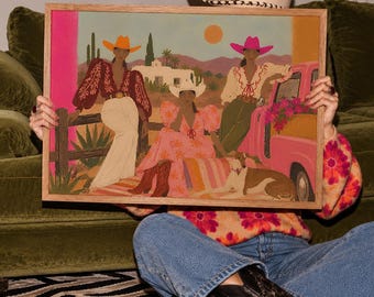 Three Cowgirls Western Poster, Pink Pickup Truck Art, Rodeo Girls Desert Fashion Print