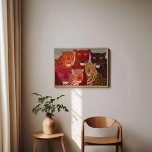 A vibrant maximalist illustration featuring a group of stylized leopards and panthers in bold red, orange, pink, and black tones. The artwork highlights expressive eyes, graphic patterns, and rich color contrasts, creating a striking statement piece inspired by modern folk art, dopamine decor, and eclectic interiors.Leopard Wall Art, Trendy Art Print, Big Cat Poster, Colorful Animal Art, Maximalist Decor, Wild Cat Design, Eclectic Home Art, Modern Folk Style, Red Aesthetic Poster, Dopamine Decor