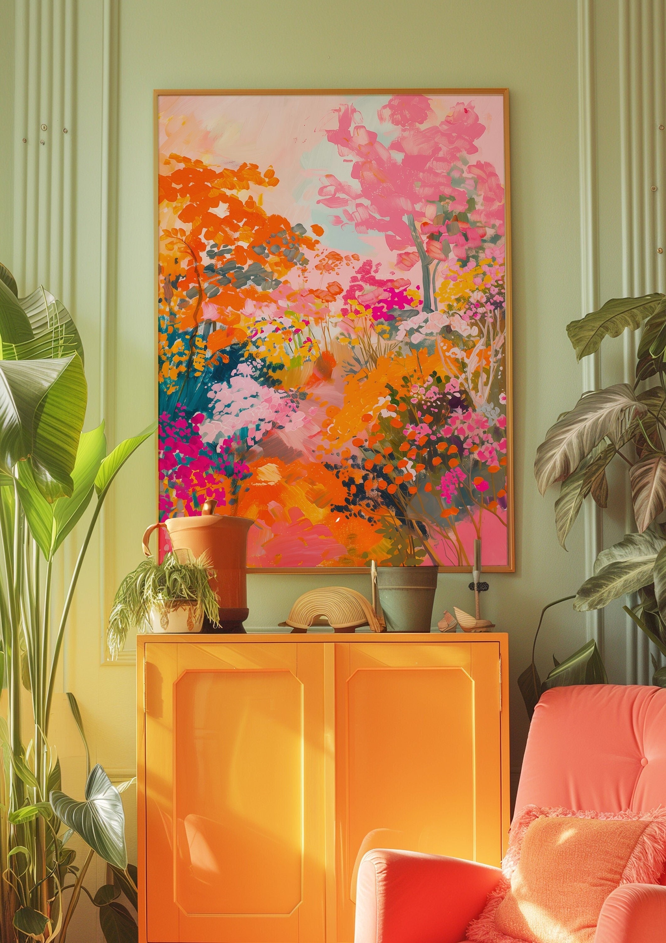 70s Retro Floral Print, Orange Kitsch Wall Art (digital Download