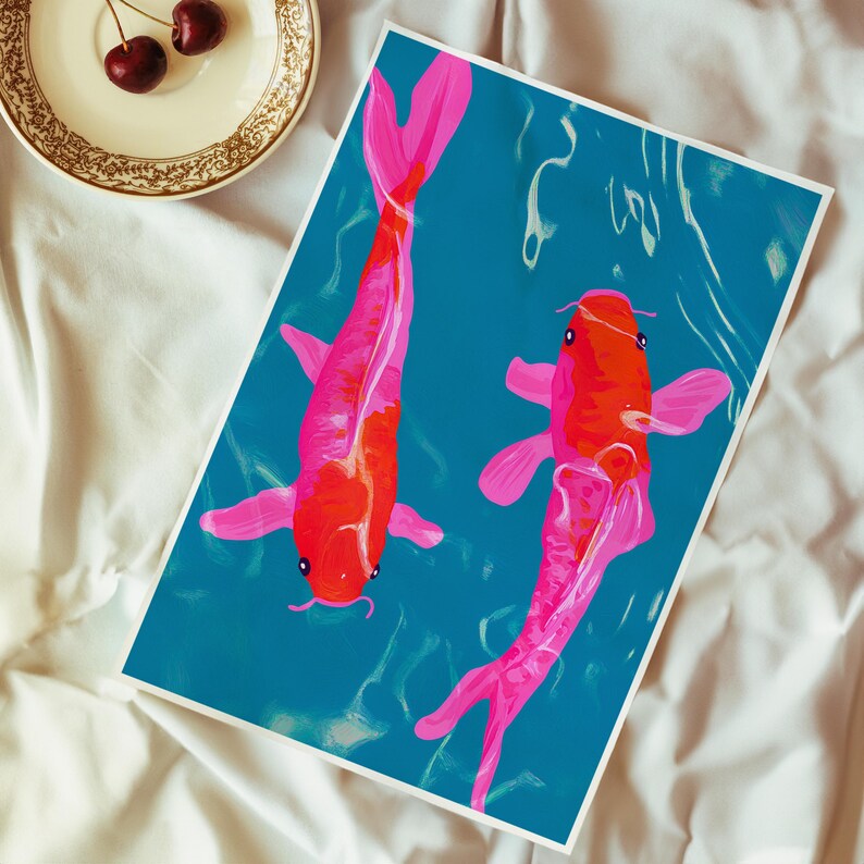A vibrant digital painting of two koi fish swimming gracefully in a tranquil blue pond. The fish feature striking shades of pink and red, creating a modern and artistic take on traditional koi fish imagery. The fluid water reflections add depth and movement, making this artwork a perfect choice for Japanese-inspired decor, aquatic-themed spaces, and lovers of contemporary art. Japanese Inspired Art, Red Wall Art, Koi Poster, Aesthetic Art, Dopamine Decor, Eclectic Art Print, Bedroom Wall Decor