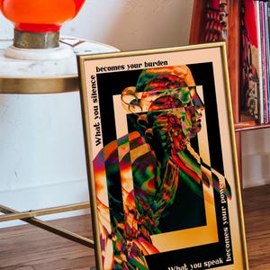 A psychedelic abstract poster featuring a fragmented statue head in vivid neon colors, layered with trippy effects. Surrounding text reads What you silence becomes your burden, what you speak becomes your power, emphasizing empowerment and bold self-expression. A striking surreal wall decor piece.Psychedelic Wall Art, Surrealist Statue Print, Motivational Quote Decor, Abstract Trippy Poster, Colorful Psychedelic Art, Unique Surreal Art, Vibrant Modern Poster, Edgy Abstract Art, Office Wall Decor