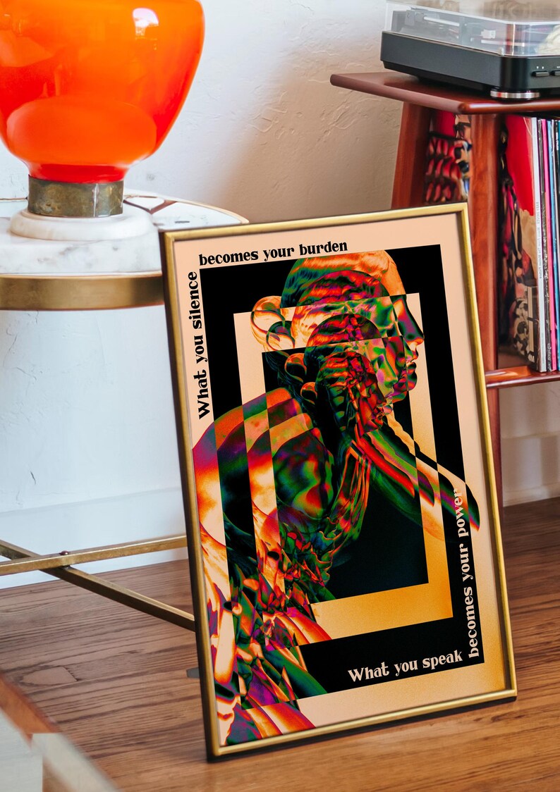 A psychedelic abstract poster featuring a fragmented statue head in vivid neon colors, layered with trippy effects. Surrounding text reads What you silence becomes your burden, what you speak becomes your power, emphasizing empowerment and bold self-expression. A striking surreal wall decor piece.Psychedelic Wall Art, Surrealist Statue Print, Motivational Quote Decor, Abstract Trippy Poster, Colorful Psychedelic Art, Unique Surreal Art, Vibrant Modern Poster, Edgy Abstract Art, Office Wall Decor