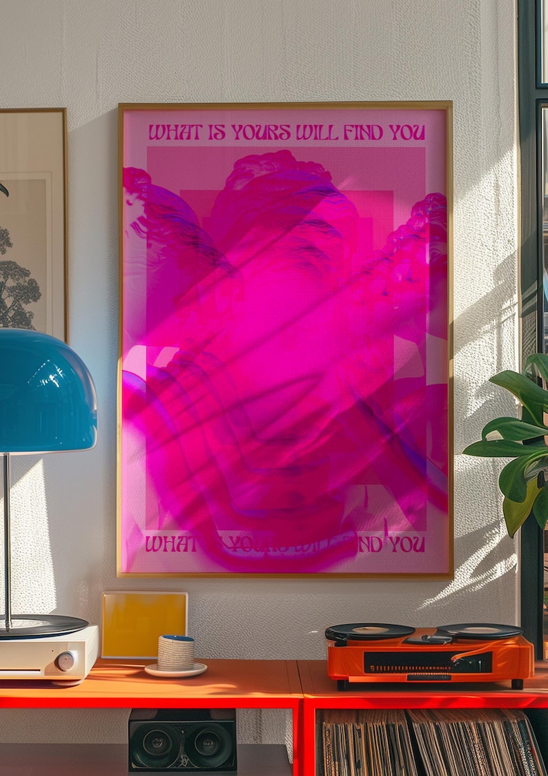 A vibrant hot pink digital art print featuring a distorted Greco-Roman statue head with bold surrealist overlays and repeated silhouettes. The artwork includes the empowering phrase What Is Yours Will Find You in a retro font, evoking a dreamy, psychedelic and self-affirming aesthetic.Psychedelic Art, Bold Pink Poster, Retro Affirmation Art, Modern Pop Art, Hot Pink Decor, Greek Statue Poster, Dopamine Decor, Feminine Power Art, Maximalist Room Art, What Is Yours Quote, Funky Aesthetic Print