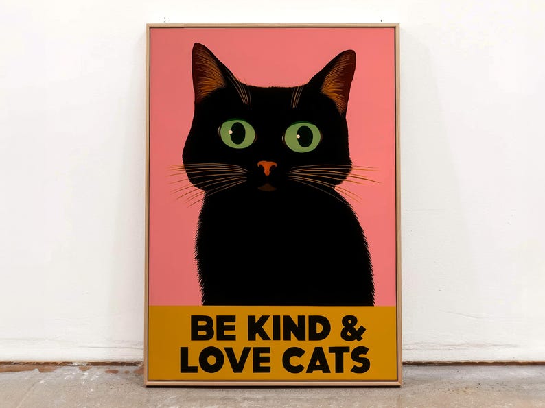 Black Cat Art Print: Modern Minimalist Pink Wall Decor - Etsy