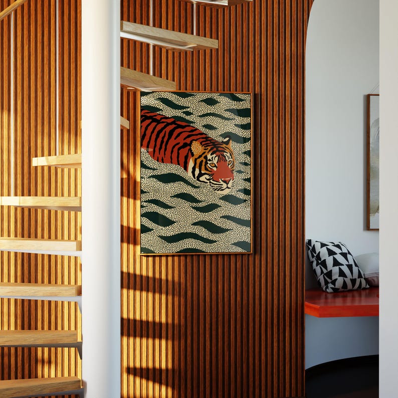 Stylized tiger illustration moving through abstract green wave patterns with dotted textures on a neutral background. The bold orange and black striped tiger contrasts with the rhythmic organic shapes, creating a dynamic maximalist composition. Hand drawn details and modern folk art influences give the artwork a playful yet powerful visual identity. Perfect for living room wall decor, kids room styling, eclectic interiors, or jungle themed spaces seeking a bold statement animal artwork.