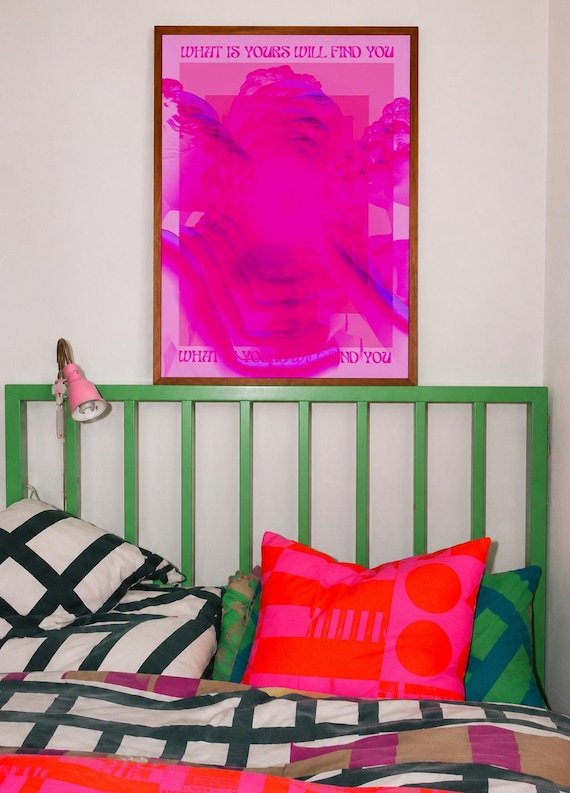 Pink Glitch Art Print, Greek Statue Poster, Vaporwave Roman Bust, What Is Yours Will Find You Quote