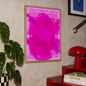 This pink glitch art print layers Greek and Roman statue busts in neon magenta, framed by retro typography and the phrase “What Is Yours Will Find You.” Repeated figures and digital distortion create a bold vaporwave collage with a surreal mood. Made to command attention in a bedroom, living room, studio or maximalist gallery wall, it adds electric color and bold attitude. A striking choice for collectors of classical sculpture, dopamine decor, Y2K graphics and uplifting quote posters.