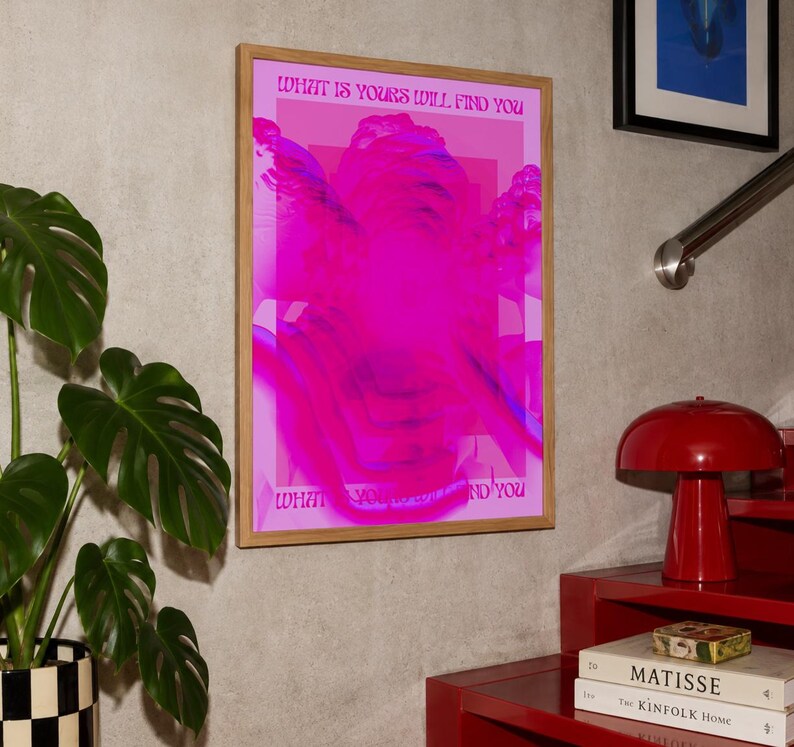 This pink glitch art print layers Greek and Roman statue busts in neon magenta, framed by retro typography and the phrase “What Is Yours Will Find You.” Repeated figures and digital distortion create a bold vaporwave collage with a surreal mood. Made to command attention in a bedroom, living room, studio or maximalist gallery wall, it adds electric color and bold attitude. A striking choice for collectors of classical sculpture, dopamine decor, Y2K graphics and uplifting quote posters.