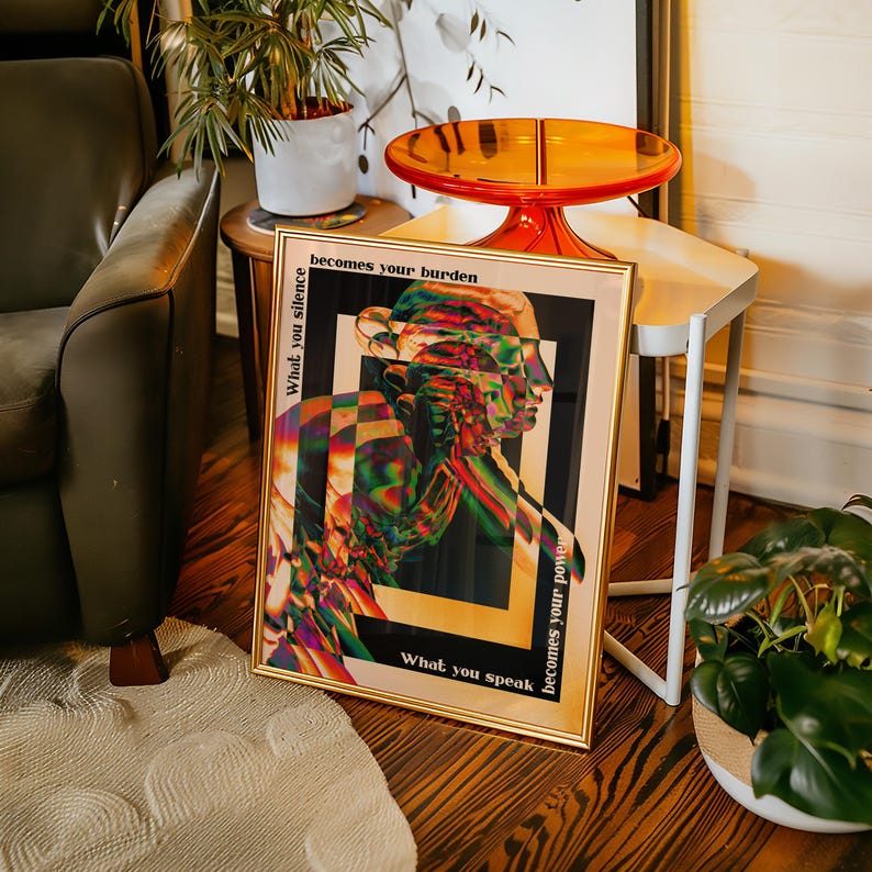 A psychedelic abstract poster featuring a fragmented statue head in vivid neon colors, layered with trippy effects. Surrounding text reads What you silence becomes your burden, what you speak becomes your power, emphasizing empowerment and bold self-expression. A striking surreal wall decor piece.Psychedelic Wall Art, Surrealist Statue Print, Motivational Quote Decor, Abstract Trippy Poster, Colorful Psychedelic Art, Unique Surreal Art, Vibrant Modern Poster, Edgy Abstract Art, Office Wall Decor