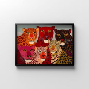 A vibrant maximalist illustration featuring a group of stylized leopards and panthers in bold red, orange, pink, and black tones. The artwork highlights expressive eyes, graphic patterns, and rich color contrasts, creating a striking statement piece inspired by modern folk art, dopamine decor, and eclectic interiors.Leopard Wall Art, Trendy Art Print, Big Cat Poster, Colorful Animal Art, Maximalist Decor, Wild Cat Design, Eclectic Home Art, Modern Folk Style, Red Aesthetic Poster, Dopamine Decor