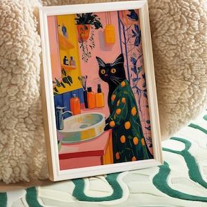 Black Cat Art, Cat Wall Art, Matisse Inspired, Colorful Animal Art, Cat Lover Gift, Whimsical Decor, Vibrant Wall Decor, Modern Art Print, Playful Home Decor, Eclectic Art, Trendy Wall Art, Bathroom Wall Decor, Dopamine Decor, Kitsch Aesthetic Art
