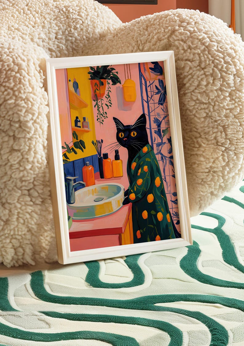 Black Cat Art, Cat Wall Art, Matisse Inspired, Colorful Animal Art, Cat Lover Gift, Whimsical Decor, Vibrant Wall Decor, Modern Art Print, Playful Home Decor, Eclectic Art, Trendy Wall Art, Bathroom Wall Decor, Dopamine Decor, Kitsch Aesthetic Art