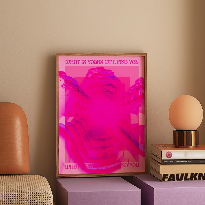 A vibrant hot pink digital art print featuring a distorted Greco-Roman statue head with bold surrealist overlays and repeated silhouettes. The artwork includes the empowering phrase What Is Yours Will Find You in a retro font, evoking a dreamy, psychedelic and self-affirming aesthetic.Psychedelic Art, Bold Pink Poster, Retro Affirmation Art, Modern Pop Art, Hot Pink Decor, Greek Statue Poster, Dopamine Decor, Feminine Power Art, Maximalist Room Art, What Is Yours Quote, Funky Aesthetic Print