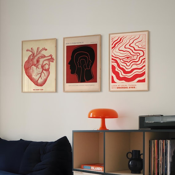 Red Psychedelic Wall Art Print Set: 70s Retro Decor (digital