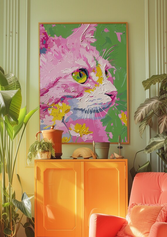 Pink Cat Poster: Trendy Retro Trippy Wall Art (Digital Download)