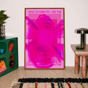 This pink glitch art print layers Greek and Roman statue busts in neon magenta, framed by retro typography and the phrase “What Is Yours Will Find You.” Repeated figures and digital distortion create a bold vaporwave collage with a surreal mood. Made to command attention in a bedroom, living room, studio or maximalist gallery wall, it adds electric color and bold attitude. A striking choice for collectors of classical sculpture, dopamine decor, Y2K graphics and uplifting quote posters.
