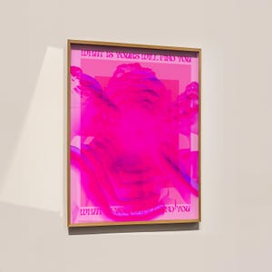 A vibrant hot pink digital art print featuring a distorted Greco-Roman statue head with bold surrealist overlays and repeated silhouettes. The artwork includes the empowering phrase What Is Yours Will Find You in a retro font, evoking a dreamy, psychedelic and self-affirming aesthetic.Psychedelic Art, Bold Pink Poster, Retro Affirmation Art, Modern Pop Art, Hot Pink Decor, Greek Statue Poster, Dopamine Decor, Feminine Power Art, Maximalist Room Art, What Is Yours Quote, Funky Aesthetic Print