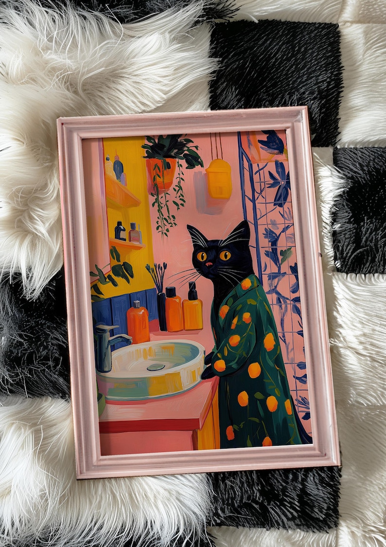 Black Cat Art, Cat Wall Art, Matisse Inspired, Colorful Animal Art, Cat Lover Gift, Whimsical Decor, Vibrant Wall Decor, Modern Art Print, Playful Home Decor, Eclectic Art, Trendy Wall Art, Bathroom Wall Decor, Dopamine Decor, Kitsch Aesthetic Art
