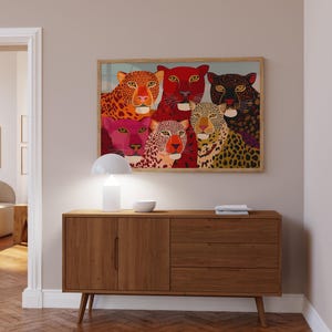 A vibrant maximalist illustration featuring a group of stylized leopards and panthers in bold red, orange, pink, and black tones. The artwork highlights expressive eyes, graphic patterns, and rich color contrasts, creating a striking statement piece inspired by modern folk art, dopamine decor, and eclectic interiors.Leopard Wall Art, Trendy Art Print, Big Cat Poster, Colorful Animal Art, Maximalist Decor, Wild Cat Design, Eclectic Home Art, Modern Folk Style, Red Aesthetic Poster, Dopamine Decor