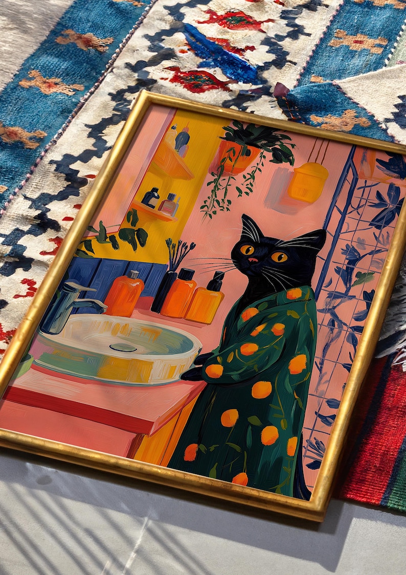 Black Cat Art, Cat Wall Art, Matisse Inspired, Colorful Animal Art, Cat Lover Gift, Whimsical Decor, Vibrant Wall Decor, Modern Art Print, Playful Home Decor, Eclectic Art, Trendy Wall Art, Bathroom Wall Decor, Dopamine Decor, Kitsch Aesthetic Art