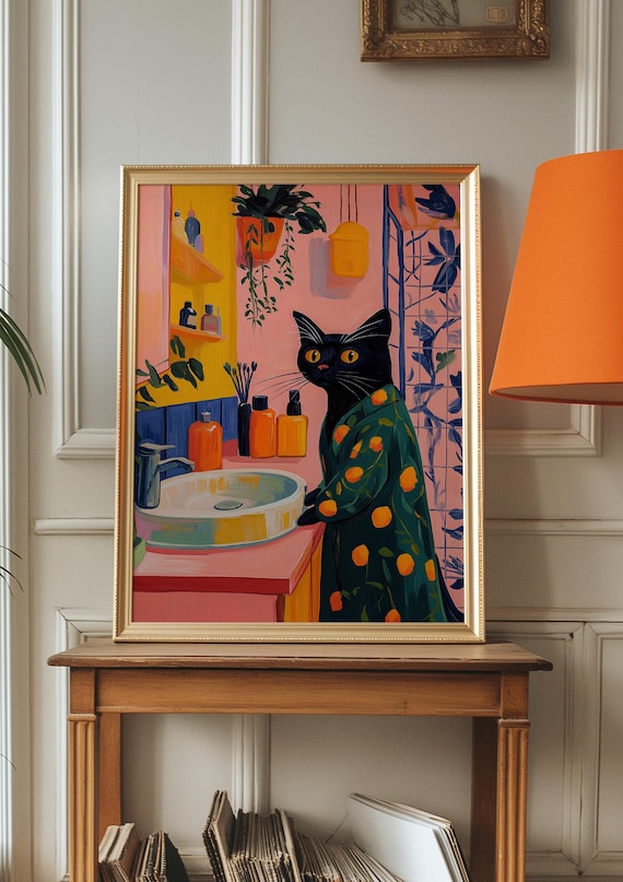 Black Cat Art Print: Matisse Inspired Bathroom Decor