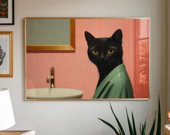 Quirky svart katt badrumstryck: Rolig katt i rosa kakel (digital nedladdning)
