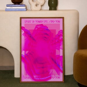 This pink glitch art print layers Greek and Roman statue busts in neon magenta, framed by retro typography and the phrase “What Is Yours Will Find You.” Repeated figures and digital distortion create a bold vaporwave collage with a surreal mood. Made to command attention in a bedroom, living room, studio or maximalist gallery wall, it adds electric color and bold attitude. A striking choice for collectors of classical sculpture, dopamine decor, Y2K graphics and uplifting quote posters.