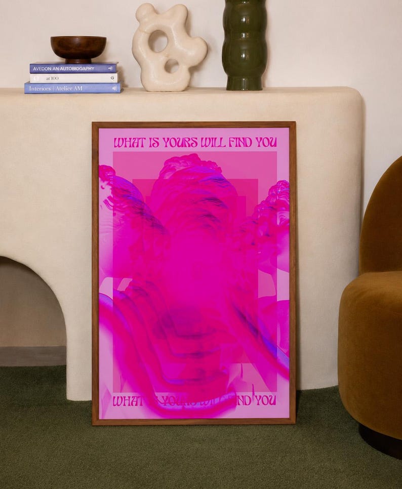 This pink glitch art print layers Greek and Roman statue busts in neon magenta, framed by retro typography and the phrase “What Is Yours Will Find You.” Repeated figures and digital distortion create a bold vaporwave collage with a surreal mood. Made to command attention in a bedroom, living room, studio or maximalist gallery wall, it adds electric color and bold attitude. A striking choice for collectors of classical sculpture, dopamine decor, Y2K graphics and uplifting quote posters.