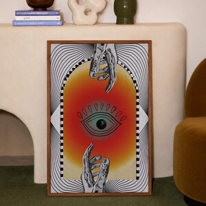 All seeing eye poster featuring a surreal central eye, chrome hands, black-and-white optical lines and a fiery orange gradient in a psychedelic collage style. Display this trippy art print in a living room, bedroom, studio, dorm or eclectic gallery wall to create a bold focal point with graphic movement and retro energy. Designed for collectors of surrealism, optical art and unconventional interiors who enjoy mysterious symbolism, vivid color and artwork that immediately starts a conversation.
