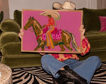 Cowgirl Riding Horse Poster, Pink Western Art, Colorful Equestrian Print, Rodeo Decor