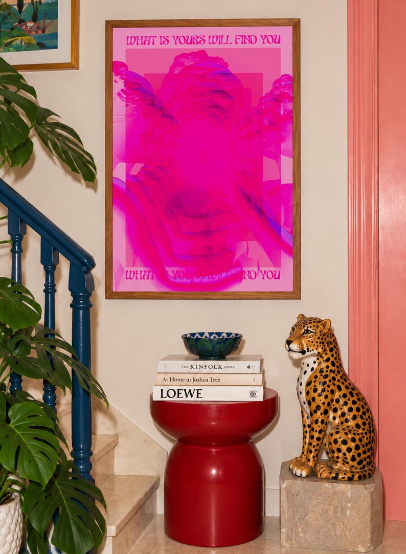 This pink glitch art print layers Greek and Roman statue busts in neon magenta, framed by retro typography and the phrase “What Is Yours Will Find You.” Repeated figures and digital distortion create a bold vaporwave collage with a surreal mood. Made to command attention in a bedroom, living room, studio or maximalist gallery wall, it adds electric color and bold attitude. A striking choice for collectors of classical sculpture, dopamine decor, Y2K graphics and uplifting quote posters.