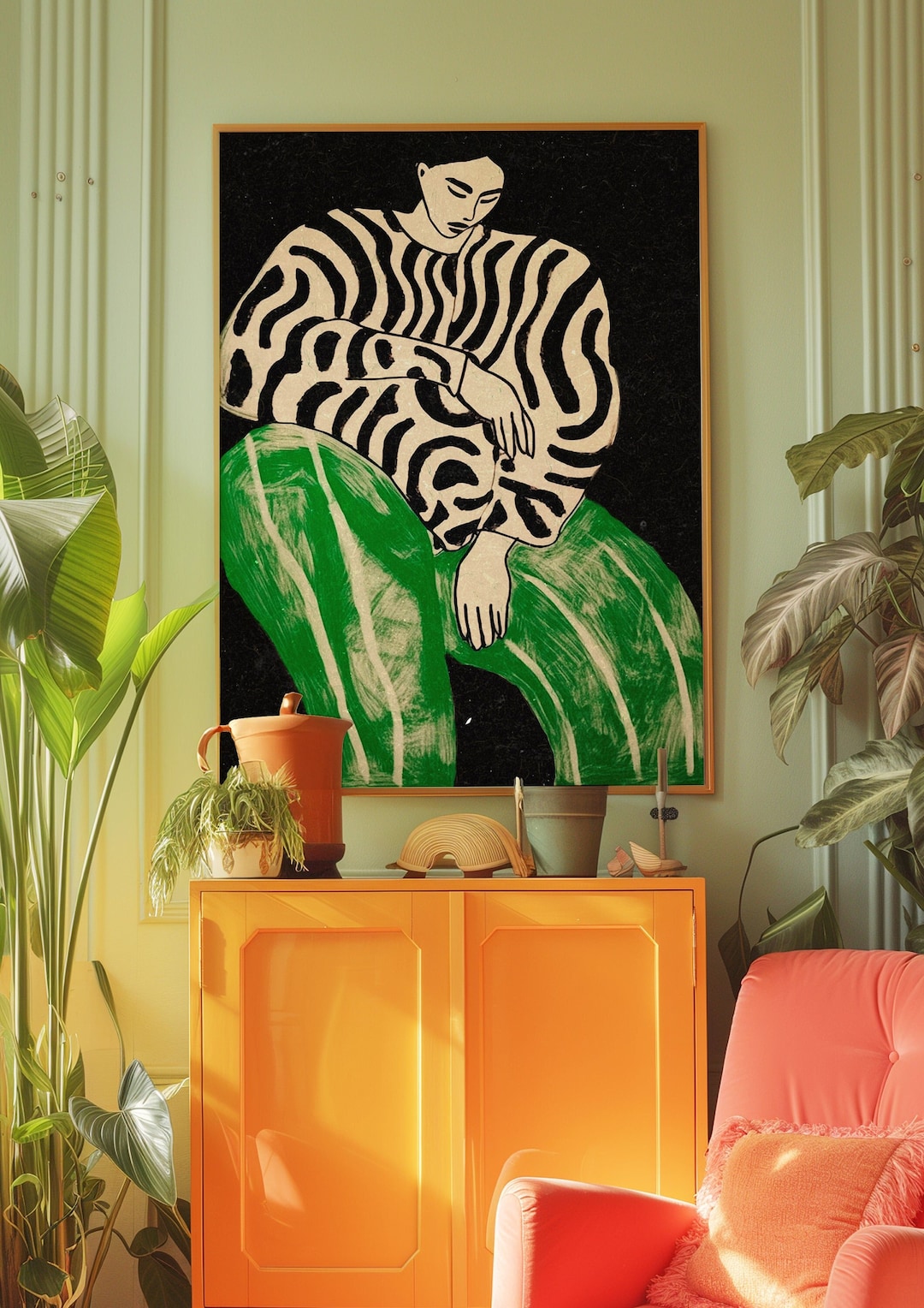70s-woman-black-line-art-print-green-retro-wall-decor-digital