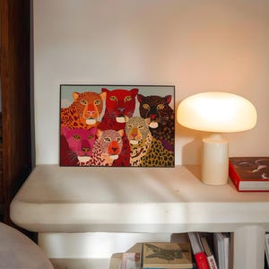 A vibrant maximalist illustration featuring a group of stylized leopards and panthers in bold red, orange, pink, and black tones. The artwork highlights expressive eyes, graphic patterns, and rich color contrasts, creating a striking statement piece inspired by modern folk art, dopamine decor, and eclectic interiors.Leopard Wall Art, Trendy Art Print, Big Cat Poster, Colorful Animal Art, Maximalist Decor, Wild Cat Design, Eclectic Home Art, Modern Folk Style, Red Aesthetic Poster, Dopamine Decor