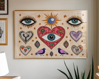 Mystical Sacred Heart Art Print: Boho Celestial Home Decor (Digital Download)