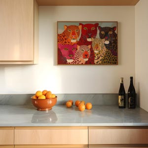 A vibrant maximalist illustration featuring a group of stylized leopards and panthers in bold red, orange, pink, and black tones. The artwork highlights expressive eyes, graphic patterns, and rich color contrasts, creating a striking statement piece inspired by modern folk art, dopamine decor, and eclectic interiors.Leopard Wall Art, Trendy Art Print, Big Cat Poster, Colorful Animal Art, Maximalist Decor, Wild Cat Design, Eclectic Home Art, Modern Folk Style, Red Aesthetic Poster, Dopamine Decor
