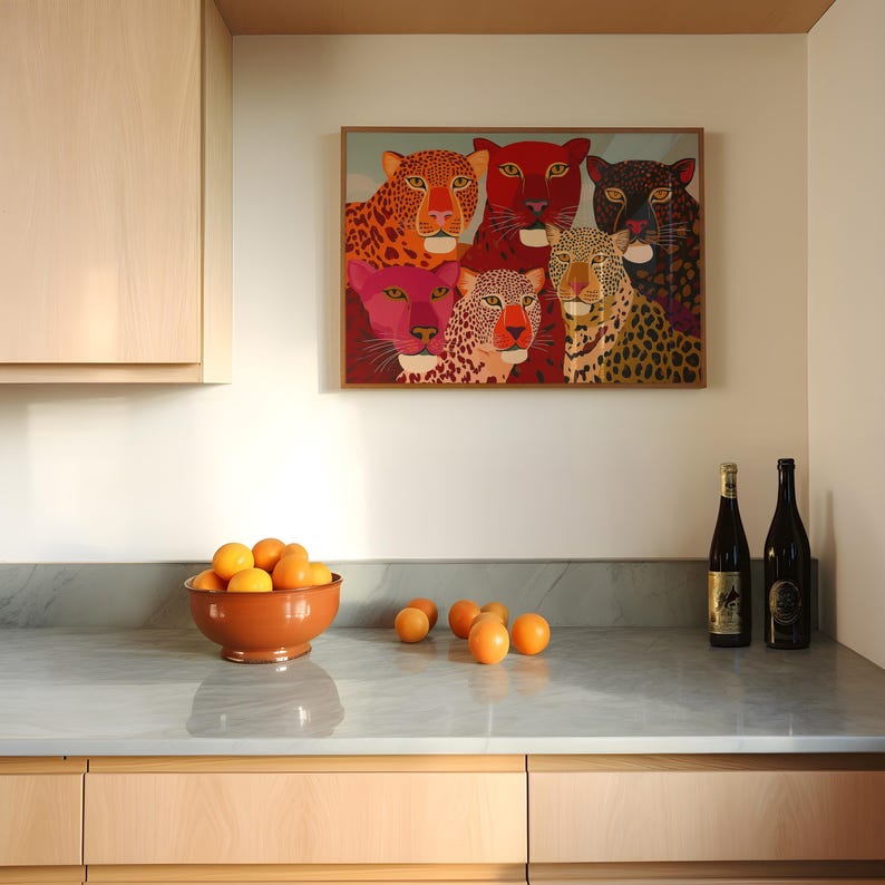 A vibrant maximalist illustration featuring a group of stylized leopards and panthers in bold red, orange, pink, and black tones. The artwork highlights expressive eyes, graphic patterns, and rich color contrasts, creating a striking statement piece inspired by modern folk art, dopamine decor, and eclectic interiors.Leopard Wall Art, Trendy Art Print, Big Cat Poster, Colorful Animal Art, Maximalist Decor, Wild Cat Design, Eclectic Home Art, Modern Folk Style, Red Aesthetic Poster, Dopamine Decor