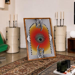 All seeing eye poster featuring a surreal central eye, chrome hands, black-and-white optical lines and a fiery orange gradient in a psychedelic collage style. Display this trippy art print in a living room, bedroom, studio, dorm or eclectic gallery wall to create a bold focal point with graphic movement and retro energy. Designed for collectors of surrealism, optical art and unconventional interiors who enjoy mysterious symbolism, vivid color and artwork that immediately starts a conversation.