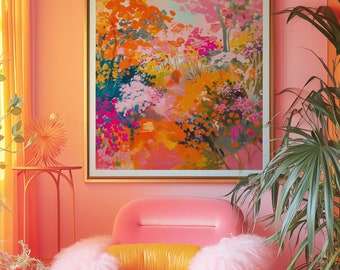 70s Retro Floral Print, Orange Kitsch Wall Art (digital Download