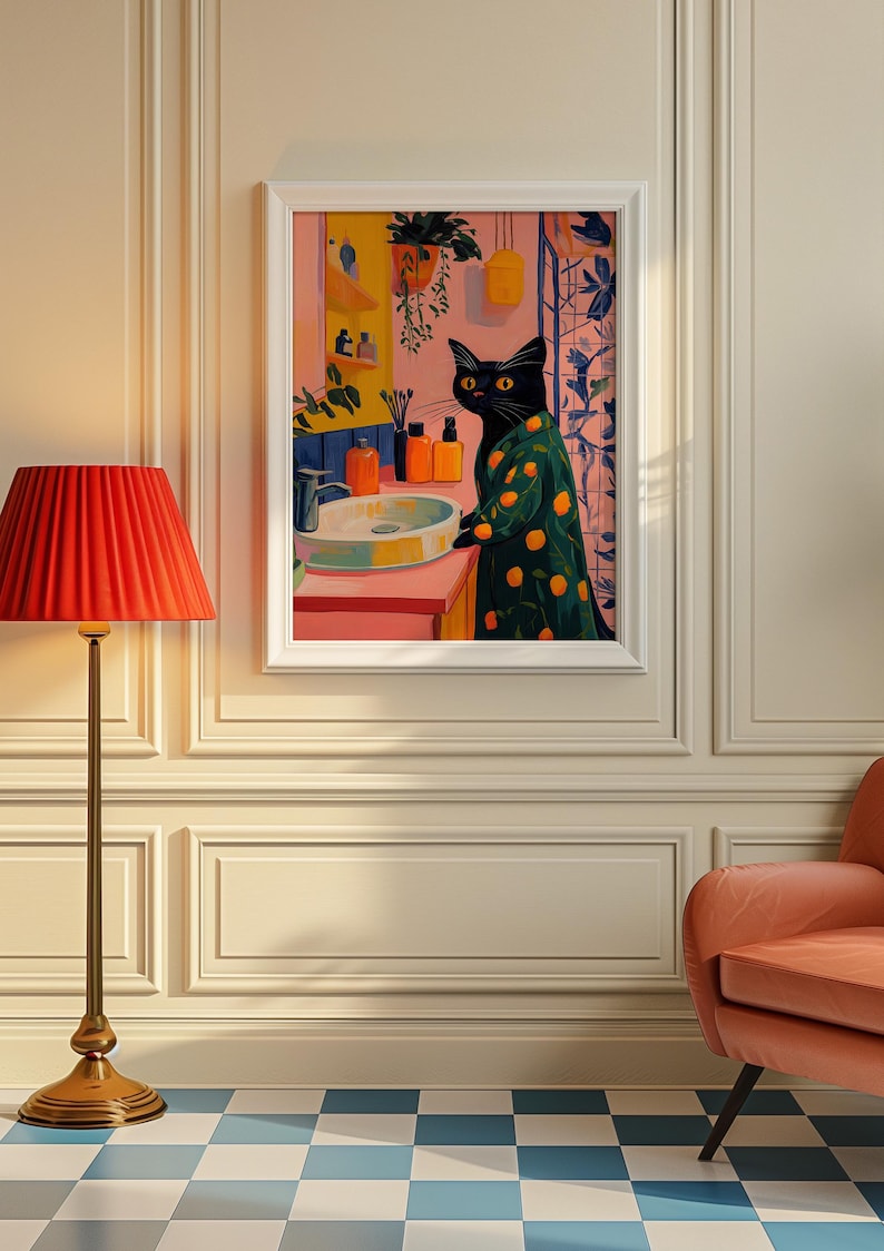 Black Cat Art, Cat Wall Art, Matisse Inspired, Colorful Animal Art, Cat Lover Gift, Whimsical Decor, Vibrant Wall Decor, Modern Art Print, Playful Home Decor, Eclectic Art, Trendy Wall Art, Bathroom Wall Decor, Dopamine Decor, Kitsch Aesthetic Art