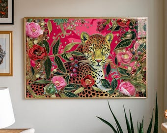 Leopard Jungle Art Print: Maximalist Pink Floral Animal Poster (Digital Download)