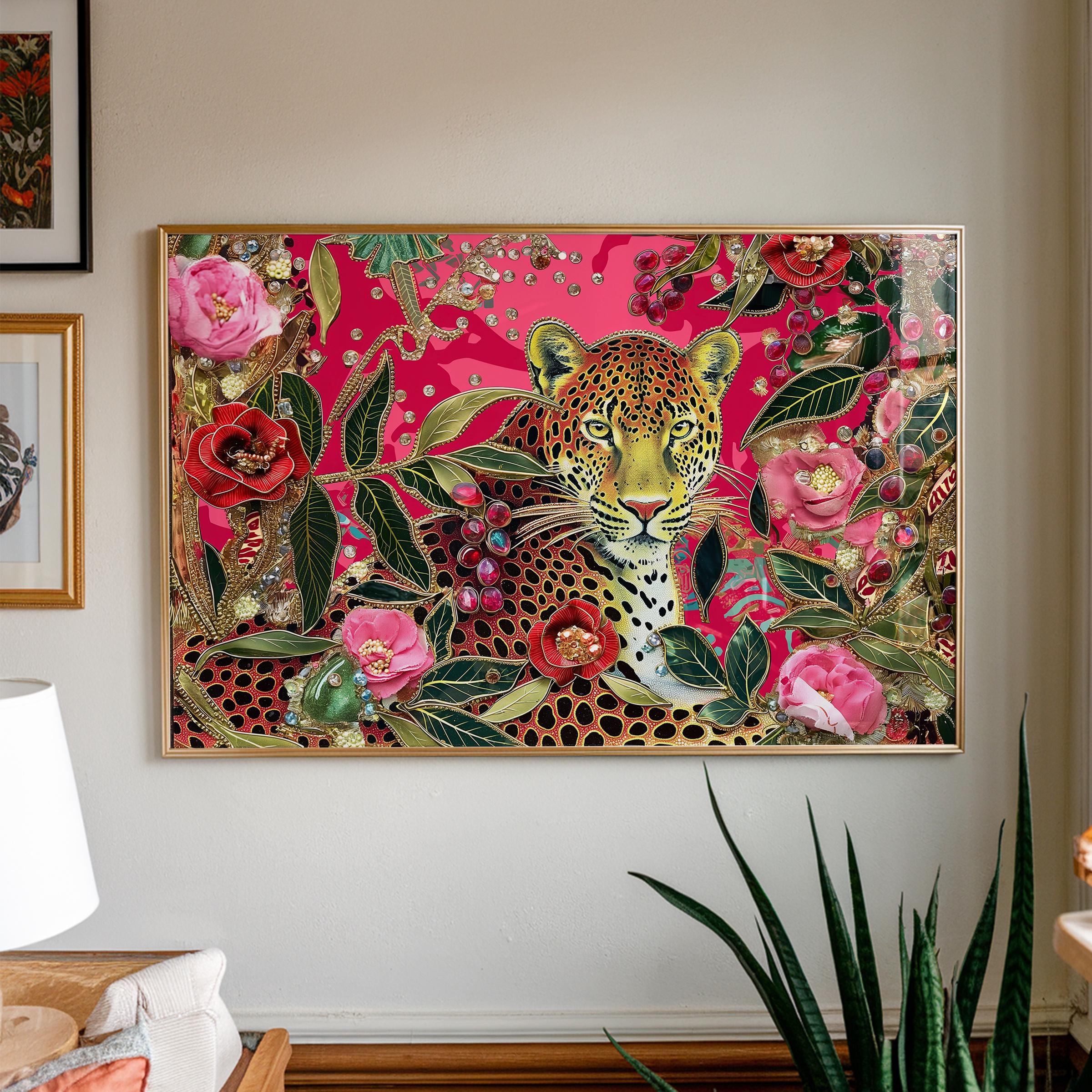 ヒョウのジャングルアートプリント：マキシマリストピンクの花柄動物