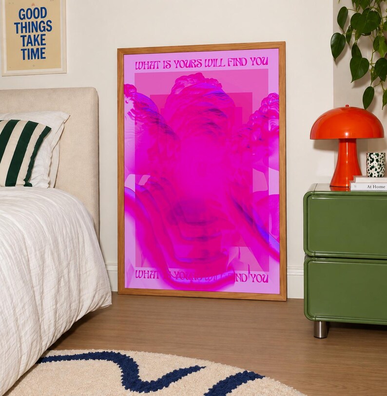 This pink glitch art print layers Greek and Roman statue busts in neon magenta, framed by retro typography and the phrase “What Is Yours Will Find You.” Repeated figures and digital distortion create a bold vaporwave collage with a surreal mood. Made to command attention in a bedroom, living room, studio or maximalist gallery wall, it adds electric color and bold attitude. A striking choice for collectors of classical sculpture, dopamine decor, Y2K graphics and uplifting quote posters.