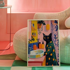Black Cat Art, Cat Wall Art, Matisse Inspired, Colorful Animal Art, Cat Lover Gift, Whimsical Decor, Vibrant Wall Decor, Modern Art Print, Playful Home Decor, Eclectic Art, Trendy Wall Art, Bathroom Wall Decor, Dopamine Decor, Kitsch Aesthetic Art